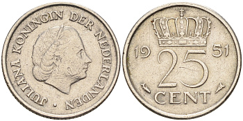 Нидерланды 25 центов 1951 Юлиана (1949-1980) KM 183 никель    4174-641