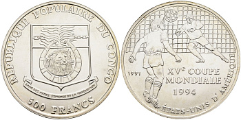Конго 500 франков 1991 чемпионат мира по футболу в США 1994 года, тираж 10000 экз. KM 39 серебро UNC 04-320-21
