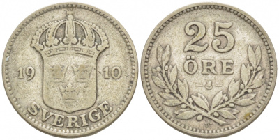 Швеция 25 эре 1910 W, Густав V (1907-1950), LARGE CROSS KM 785 серебро 3309-851
