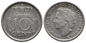 Нидерланды 10 центов 1948 Вильгельмина (1895-1948) KM 177 никель 83-1469