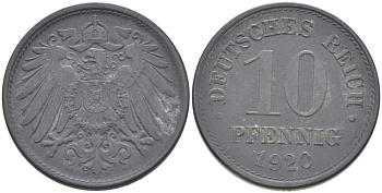 ГЕРМАНИЯ 10 ПФЕННИНГОВ 1920 KM 26, J.299, Weege 8 цинк 202-216