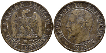 ФРАНЦИЯ 5 САНТИМОВ 1855 MA, НАПОЛЕОН III (1852-1870) KM 777.6, LE FRANC 116.26 бронза 4393-333
