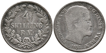 ДАНИЯ 4 СКИЛЛИНГА РИГСМОНТ 1854 RM, ФРЕДЕРИК VII (1848-1863) KM 758.1 (С136.1) серебро 100-745