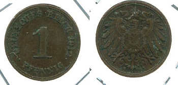 ГЕРМАНИЯ 1 ПФЕННИГ 1912 G KM 10, J.10 медь 701-145