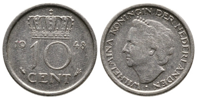 Нидерланды 10 центов 1948 Вильгельмина (1895-1948) KM 177 никель 83-1469