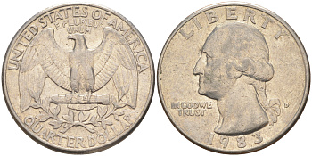 США 25 ЦЕНТОВ = КВОТЕР 1983 D, ВАШИНГТОН KM A164a медь плакированная медно-никелем 4114-827