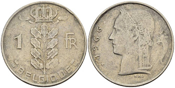 БЕЛЬГИЯ 1 ФРАНК 1966 BELGIQUE KM 142.1 медно-никель 4546-453