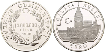 Турция 3000000 лир 1998 Галатская башня (Галата Кулеси), тираж 7843 экземпляра KM 1086 серебро PROOF 1088-9-24