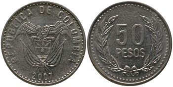 Колумбия 50 песо 2007 KM 283.2a никель латунь 4538-1044