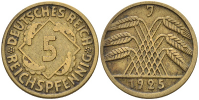 Германия 5 рейхспфеннигов 1925 J, Веймарская республика KM 39 алюминиевая бронза 116-914