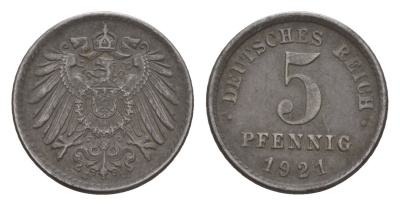 Германия 5 пфеннигов 1921 E KM 19, J. 297 железо плакированная цинком 4659-127