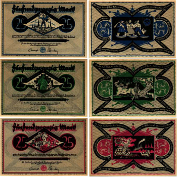 ДОРТМУНД НАБОР ИЗ 3 БАНКНОТ ПО 25 МАРОК 1922 НОТГЕЛЬД, 10 ОКТЯБРЯ 1922, КРАСНАЯ, СИНЯЯ, ЗЕЛЁНАЯ, ЗЕМЛЯ СЕВЕРНЫЙ РЕЙН-ВЕСТФАЛИЯ Muller 1065.6, 1065.7, 1065.10 бумага 6318-31-1-2