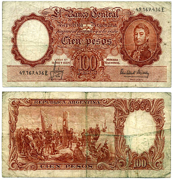 Аргентина 100 песо 1966 серия Е 49167436 Pick 277, Bottero 2073 бумага 8603-23-3-1