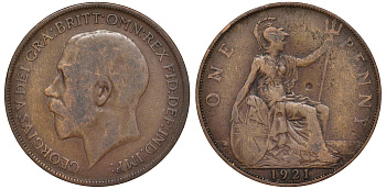Великобритания 1 пенни 1921 Георг V (1910-1936) KM 810, Spink 4051 бронза 4123-1141