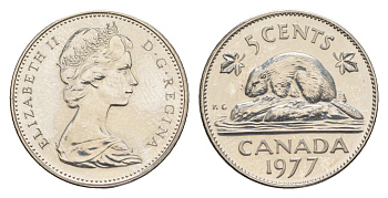 Канада 5 центов 1977 Елизавета II (1952-2022), бобр KM 60.1 никель PROOF-LIKE (BU) 4630-946