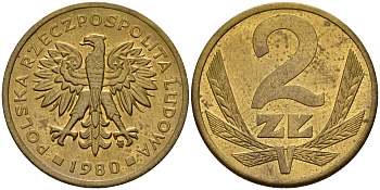 Польша 2 злотых 1980 MW KM 80.1, Parchimowicz 217g латунь  XF-UNC  4189-249
