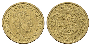 Дания 10 крон 1999 Маргрете II (1972-2024) KM 877 алюминиевая бронза 3459-925