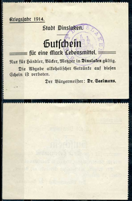 Германия, Динслакен 1 марка 1914 нотгельд Diessner 83.1.c бумага UNC (пресс) 444-99-3-2