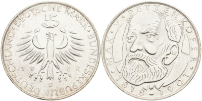 ФРГ 5 марок 1968 D, 150 лет со дня рождения Макса фон Петтенкофера J. 398, KM 123.1 серебро 88-216