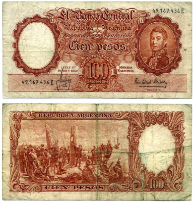 Аргентина 100 песо 1966 серия Е 49167436 Pick 277, Bottero 2073 бумага 8603-23-3-1