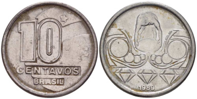Бразилия 10 сентаво 1989 золотодобыча KM 613 нержавеющая сталь 112-522