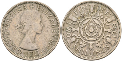 Великобритания 2 шиллинга (флорин) 1959 Елизавета II (1952-2022) KM 906, Spink 4146 медно-никель 4117-1026