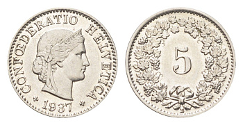 Швейцария 5 раппенов 1937 B KM 26b никель 4705-1231