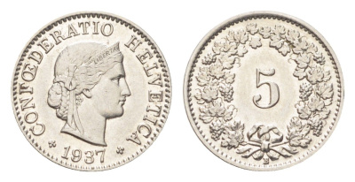 Швейцария 5 раппенов 1937 B KM 26b никель 4705-1231