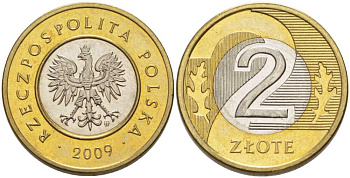 Польша 2 злотых 2009 MW KM 283 биметалл 83-1651