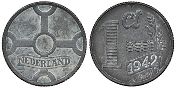 Нидерланды 1 цент 1942 германская оккупация KM 170 цинк 4119-755