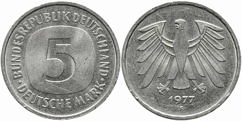 ФРГ 5 МАРОК 1977 F KM 141, J. 415 медно-никель плакированный никелем 111-325
