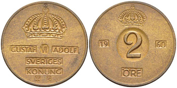 Швеция 2 эре 1960 TS, Густав VI Адольф (1950-1973) KM 821 бронза 4513-1254