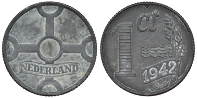 Нидерланды 1 цент 1942 германская оккупация KM 170 цинк 4119-755