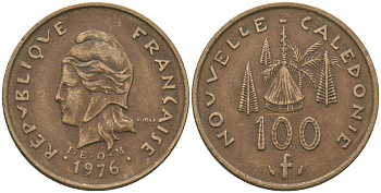 Французская Новая Каледония 100 франков 1976 хижина среди сосен и пальм, (IEOM) KM 15, Schoen 16, Lec 130 никель бронза 88-233