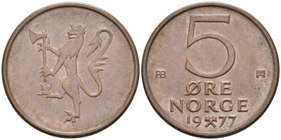 Норвегия 5 эре 1977 Улаф V (1958-1991) KM 415 бронза UNC 4582-544