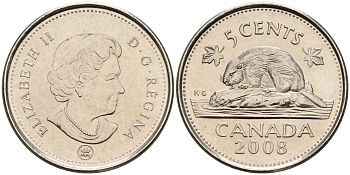 Канада 5 центов 2008 ML, Елизавета II (1952-2022), бобер KM 491 сталь плакированная никелем  UNC  4148-1247