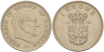 ДАНИЯ 1 КРОНА 1970 C; S, ФРЕДЕРИК IX (1947-1972) KM 851.1 медно-никель 95-745