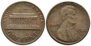 США 1 цент 1980 Авраам Линкольн KM 201 медь цинк    4608-358
