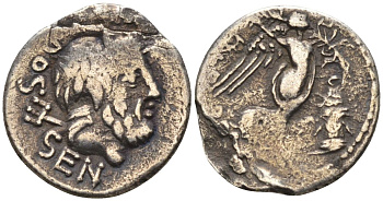 Римская Республика квинарий 87 г. до н.э. монетарий Л. Рубрий Доссен, DOSSEN, голова Нептуна, трезубец / L RVBRI, Виктория с пальмовой ветвью и венком у алтаря, Рим, 1,47 гр Cr. 348/4; Syd. 708 серебро 1073-5-7-2