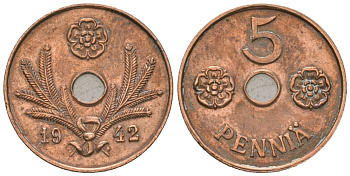 Финляндия 5 пенни 1942 KM 64 медь 4174-744