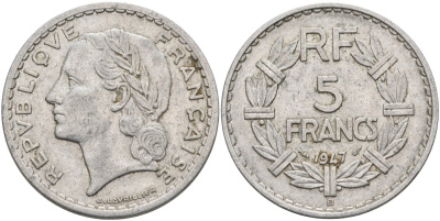 Франция 5 франков 1947 В, закрытая "9", мондвор Бомон-ле-Роже KM 888b.2 алюминий 4593-416