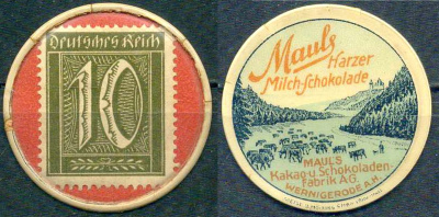 Германия, Вернигероде непочтовая марка капсула с маркой в 10 пфеннигов XX век шоколадная фабрика Mauls Chocolate 4593-323