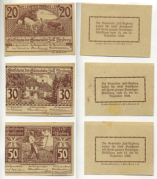 Австрия набор из 3 банкнот 1920 до 31 декабря 1920, нотгельд, 20, 30, 50 геллеров, ZELL URZERG, КОРИЧНЕВЫЕ   бумага  aUNC  7555-7-4-2
