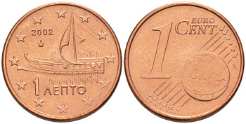 ГРЕЦИЯ 1 ЕВРОЦЕНТ 2002 KM 181 сталь плакированная медью UNC 214-338