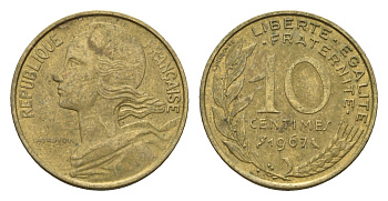 Франция 10 сантимов 1967 KM 929 алюминиевая бронза 4674-559