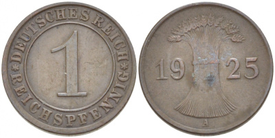 ГЕРМАНИЯ 1 РЕЙХСПФЕННИГ 1925 А KM 37, J 313 бронза 4532-526