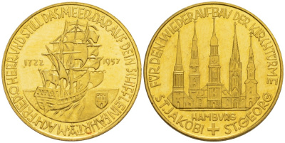 Гамбург медаль 1957 восстановление шпилей церкви Святых Якова и Георгия 1722-1957. 19,0 мм, 3,55 гр золото UNC 00-822-65