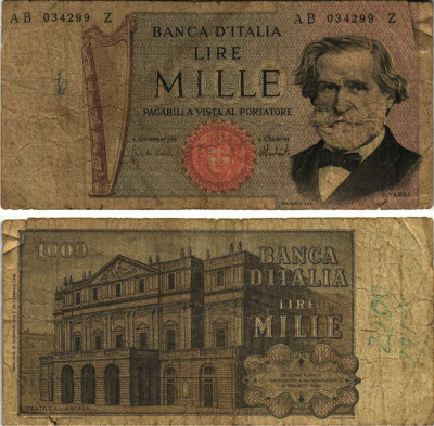 Италия 1000 лир 1973 Джузеппе Верди, Милан Ла Скала Pick 101с бумага 8611-11-2