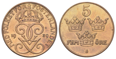 Швеция 5 эре 1939 Густав V (1907-1950) KM 779 бронза 4700-727