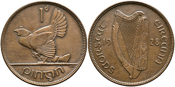 Ирландия 1 пенни 1928 курица с цыплятами KM 3 бронза 4382-612